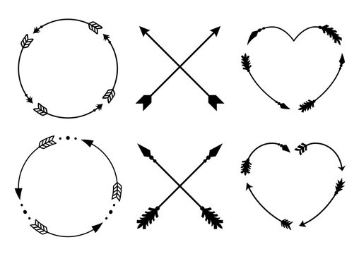 Circle and heart arrow frames for monograms. Criss cross hipster arrows. Arrows in boho style. Tribal arrows set. Vector