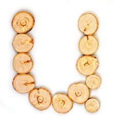 Alphabet letters made from Wood slice on white Background.u
