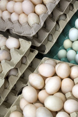 Trays of hens and duck eggs including Cotswold Legbar blue hens eggs on a stall at Borough Market, London, UK