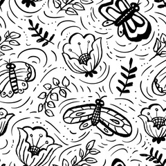 Floral seamless pattern with butterflies. Background with artistic hand drawn insects and flowers