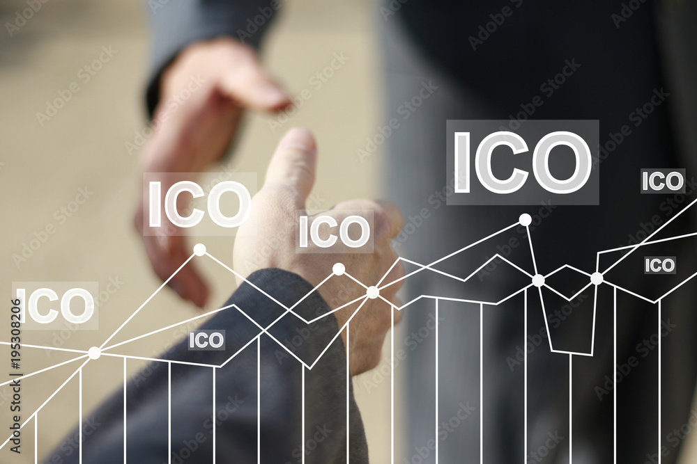 Poster businessman presses button ico initial coin offering chart diagram on virtual electronic user interf