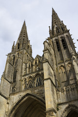 Looking up at the twin spires of the cathedral at Sees, Orne, Normandy, France