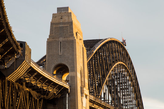 Close up view of Sydney Harbour Bridge with cloudy sky.