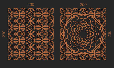Laser cutting set. Woodcut vector trellis panels. Plywood lasercut floral design. Hexagonal seamless patterns for printing, engraving, paper cut. Stencil lattice ornaments.