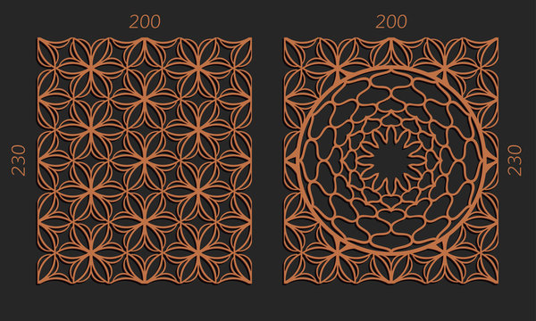 Laser cutting set. Woodcut vector trellis panels. Plywood lasercut floral design. Hexagonal seamless patterns for printing, engraving, paper cut. Stencil lattice ornaments.