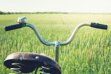 Vintage handlebar with bell on bicycle. Summer day for trip. View of wheat field. Outdoor. Closeup.