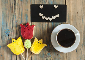 Cookies in shape of flowers tulips. Top view, place for text,copy space