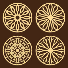 DIY laser cutting patterns. Jigsaw die cut ornaments. Islamic cutout silhouette stencils. Fretwork round panels. Vector coasters for paper cutting, scrapbook and woodcut.