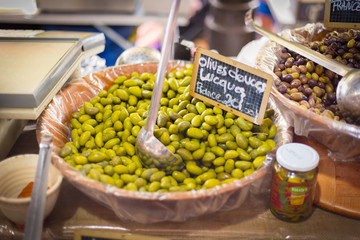 Bown of olives at the market of Antibes, France