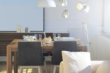 Home interior. Dining room and living room in a modern loft. Empty copy space for Editor's text.