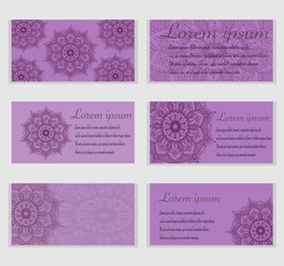 Visitcards template set with mandala ornament on violet background. Ottoman, arabic, oriental, turkish, indian, pakistan motif.