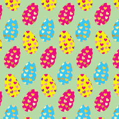 Easter eggs set with hearts vector pattern template on green background