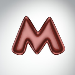 Glossy paint letter M. 3D render of bubble font with glint isolated on white background