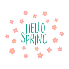 Naklejka premium Hand drawn Hello Spring quote with falling cherry blossoms. Isolated objects on white background. Vector illustration. Design concept for change of seasons.