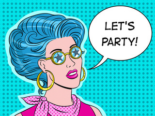 Beauty young woman in star glasses pop art