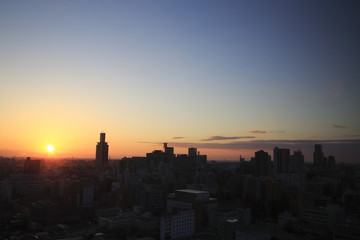 Fototapeta na wymiar The morning sun and the town of Sendai