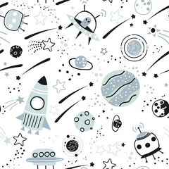 Tragetasche Baby nahtlose Muster - Weltraum, Raumschiffe und Planeten mit Sternen. Trendiger Kindervektorhintergrund. © bukhavets