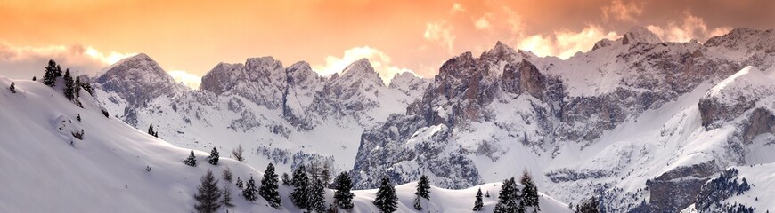 Beautiful Panorama of Marmolada group as seen from the Pass Pordoi in winter on the Italian Dolomites. Canazei, Italy. - obrazy, fototapety, plakaty