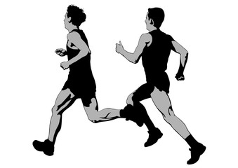 Athletes in a sporty uniform running a marathon on a white background