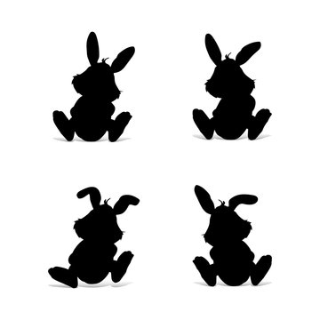 Collection of black rabbit sitting, silhouette on white background,