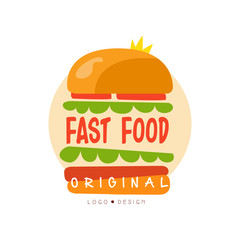 Fast food logo original design, badge with burger sign, fast food menu vector Illustration on a white background