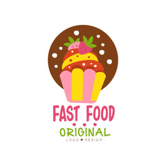 Fast food logo original design, badge with cupcake sign, fast food menu vector Illustration on a white background