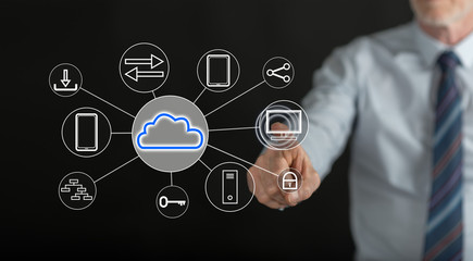 Man touching a cloud computing concept on a touch screen