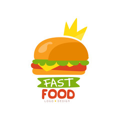 Fast food logo design, burger sign with crown, fast food menu
