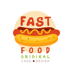 Fast food logo original design, badge with hot dog sign, fast food menu vector Illustration on a white background
