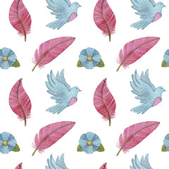 Watercolor seamless background with feathers, flowers, dove, bird. 