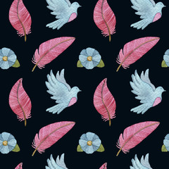 Watercolor seamless background with feathers, flowers, dove, bird. Dark