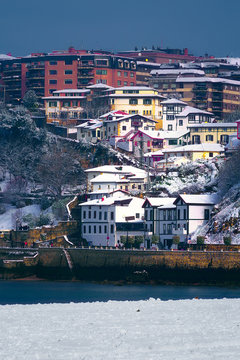 Puerto Viejo of Algorta in Getxo at winter with snow