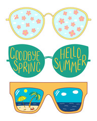 Hand drawn vector illustration of glasses with text Hello Summer, Goodbye Spring, cherry blossoms, beach scene in the lenses. Isolated objects on white background. Design concept for change of seasons