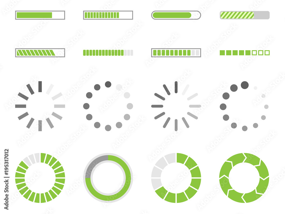 Poster loading signs, load indicator icons, preload symbol set