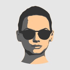 Portrait of beautiful woman in black sunglasses. Short hair. Front view