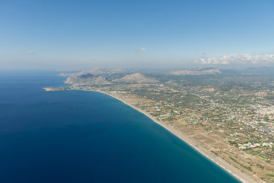 Aerial image of the coast of island of Rhodes, near the village of Afantou with view south on Kolympia