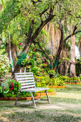 White chair in cozy flower garden./ White chair in cozy flower garden on summer.
