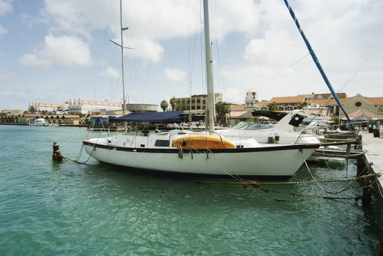 Sailboats moored at the port of Oranjestad, Aruba