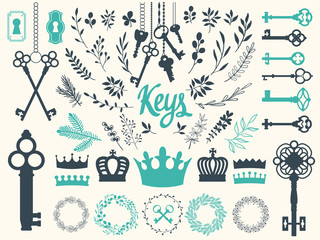 Vector illustration with design illustrations for decoration. Big silhouettes set of keys, wreaths, crown, branch on white background. Vintage style.