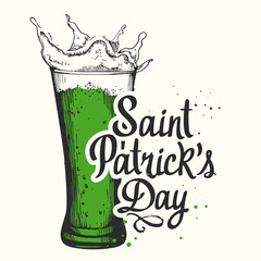 St. Patrick's Day. Vector illustration with glass of beer and congratulations in sketch style. Drink menu for celebration. Irish tradition.