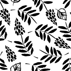 Botanical seamless pattern with flowers, branches, and leaves. Hand drawn design elements. Vector illustration.