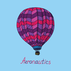 Obraz premium Pink, purple colors palette hot air balloon (Aeronautics) with inscription, hand drawn doodle sketch, isolated vector outline illustration on blue background