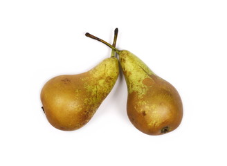 Ripe pears isolated on white background, top view
