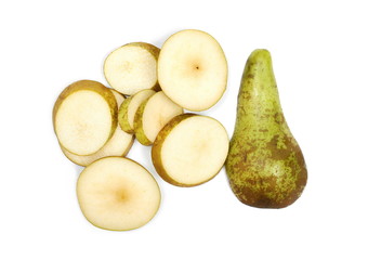 Ripe pear slices isolated on white background, top view