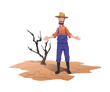 A farmer standing next to a dried dead tree. Concept on the theme of drought, global warming, lack of water for irrigation. Vector illustration, isolated on white background.