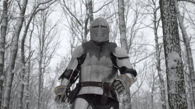 Portrait of severe medieval soldier with steel sword in hand preparing for fight in winter wood with snowy trees background, slow motion. Reconstruction of old times