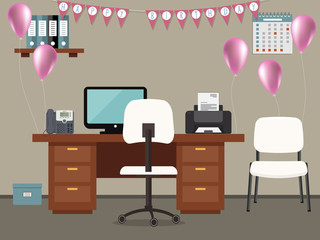 Workplace of an office worker, decorated for his birthday. There is a desk, a phone, a printer, chairs and other objects in the image. Also there are pink balloons, flags "Happy Birthday" here. Vector