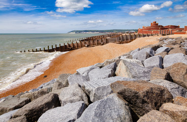 Groynes and breakwater at Eastbourne seacoast Sussex South East England UK