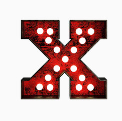 Letter X. Broadway Style Light Bulb Font made of rusty metal frame. 3d Rendering isolated on Black Background