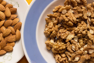 Almonds and walnuts in plates
